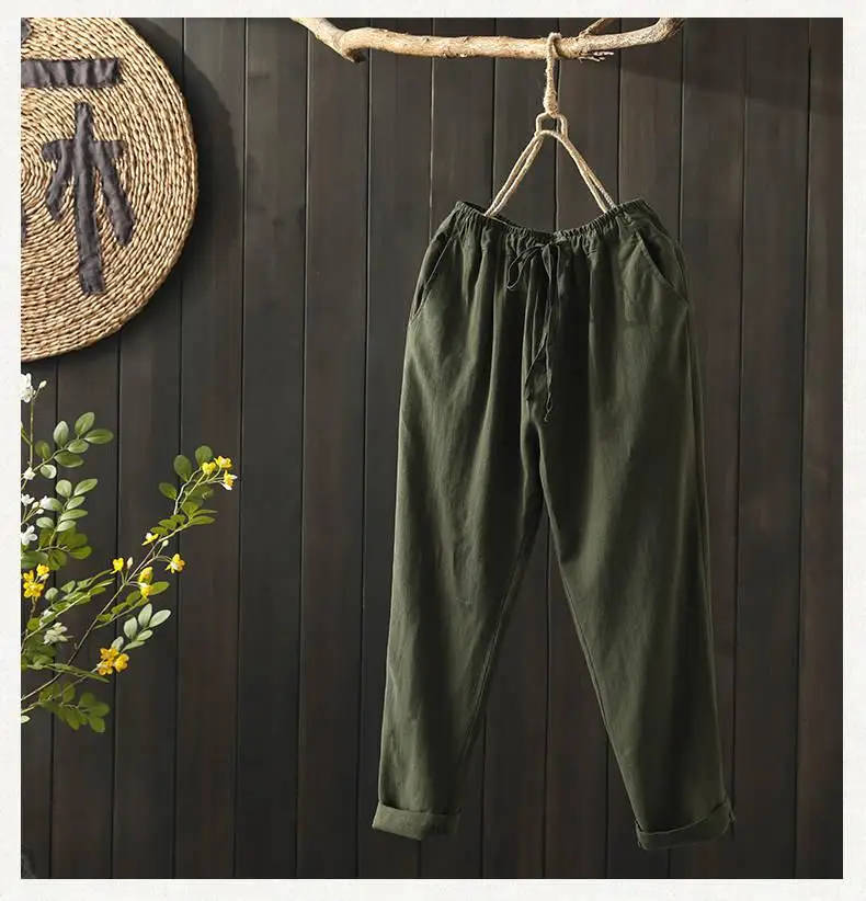 army green Хлопок размера плюс женские летние штаны с эластичным поясом Свободные повседневные шаровары с задним карманом хлопковые льняные брюки 8 цветов D58 - Цвет: army green