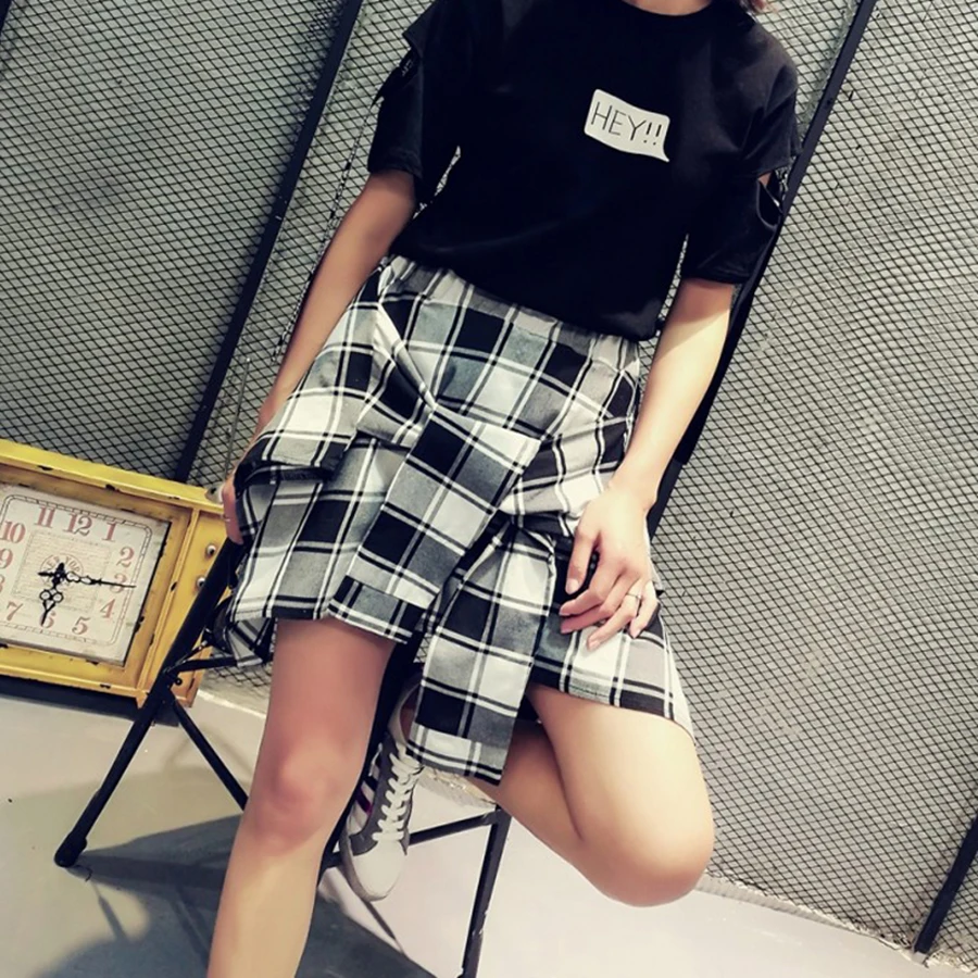 Женская клетчатая юбка с высокой талией в Корейском стиле 50G008|plaid skirt|plus size plaid