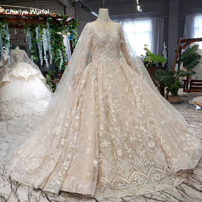 HTL492 кружевное свадебное платье ручной работы со шлейфом с высоким воротом и