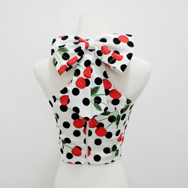 Майка женская летняя в горошек с принтом вишни стиле Одри Хепберн 50 х годов|bow