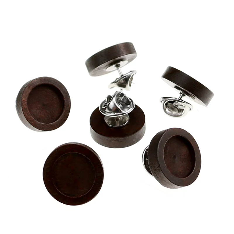 Retro brown 10pcs wood Brooch Cabochon Base Holder stainless steel Pin Badge For Diy Jewelry Making Finding fit 12 | Украшения и