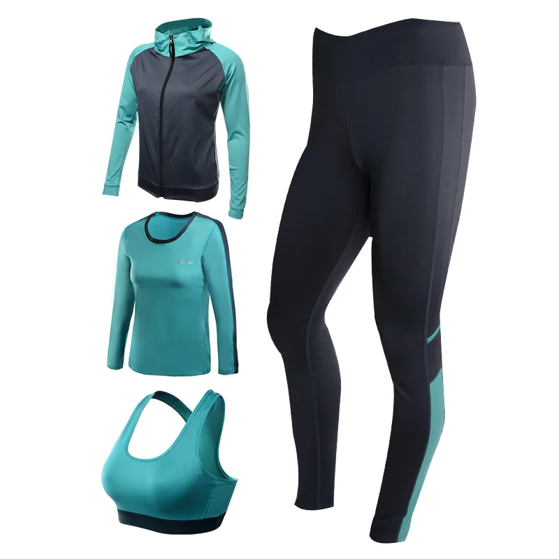 Sport Suit Women Yoga Set Solid Color Long Sleeve Zipper Jacket+Shirt+Bra+Pants Leggings Fitness Sportswear Gym Workout Clothes | Фитнес и
