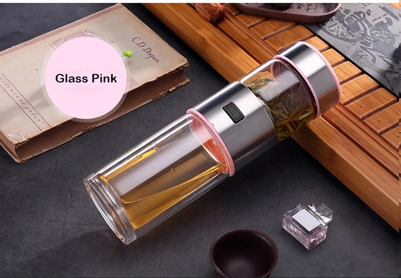 A Pink Стеклянная бутылка для чая с двойными стенками, разделительная бутылка с заваркой, деловой подарок, стеклянные бутылки для воды из нержавеющей стали с чайным фильтром - Цвет: A Pink