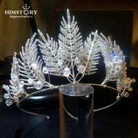himstory elegant crystal leaf tiara crown big leaves wedding pageant crown hair ornaments bridal hairband hair accessories