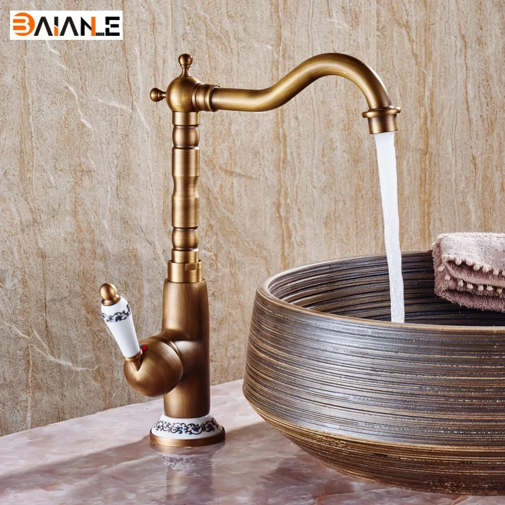 

Basin Faucet 360 Swivel Hot and Cold Bathroom Heightening Antique Kitchen Sink Faucets Brass Porcelain Base Mixer Tap
