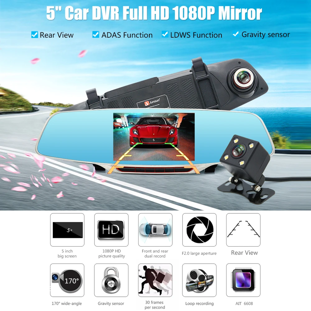 Junsun автомобиля Камера DVR Регистраторы зеркало регистратор 5 &quotIPS с ADAS LDWS Full HD 1080 P