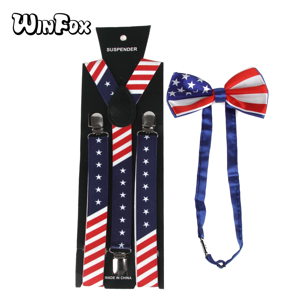 Winfox New Fashion Unisex Navy Red Star American Flag Bowties And Suspenders Sets For Mens Womens star print american flag swing dress
