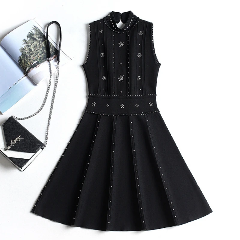 Black Dress Women Beading Sleeveless Backless 53% Viscose Blended Knitted Elastic Fabric Elegant Party New Fashion 2018 | Женская одежда