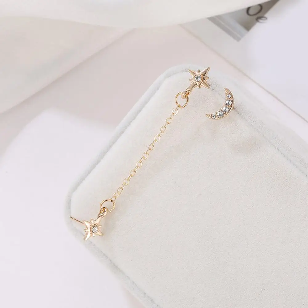 2019 NEW Lovely Gold Stainless Steel Double Star Moon Stud Earrings for Women Korean Set 3 ear Hole Jewelry Accessories | Украшения и