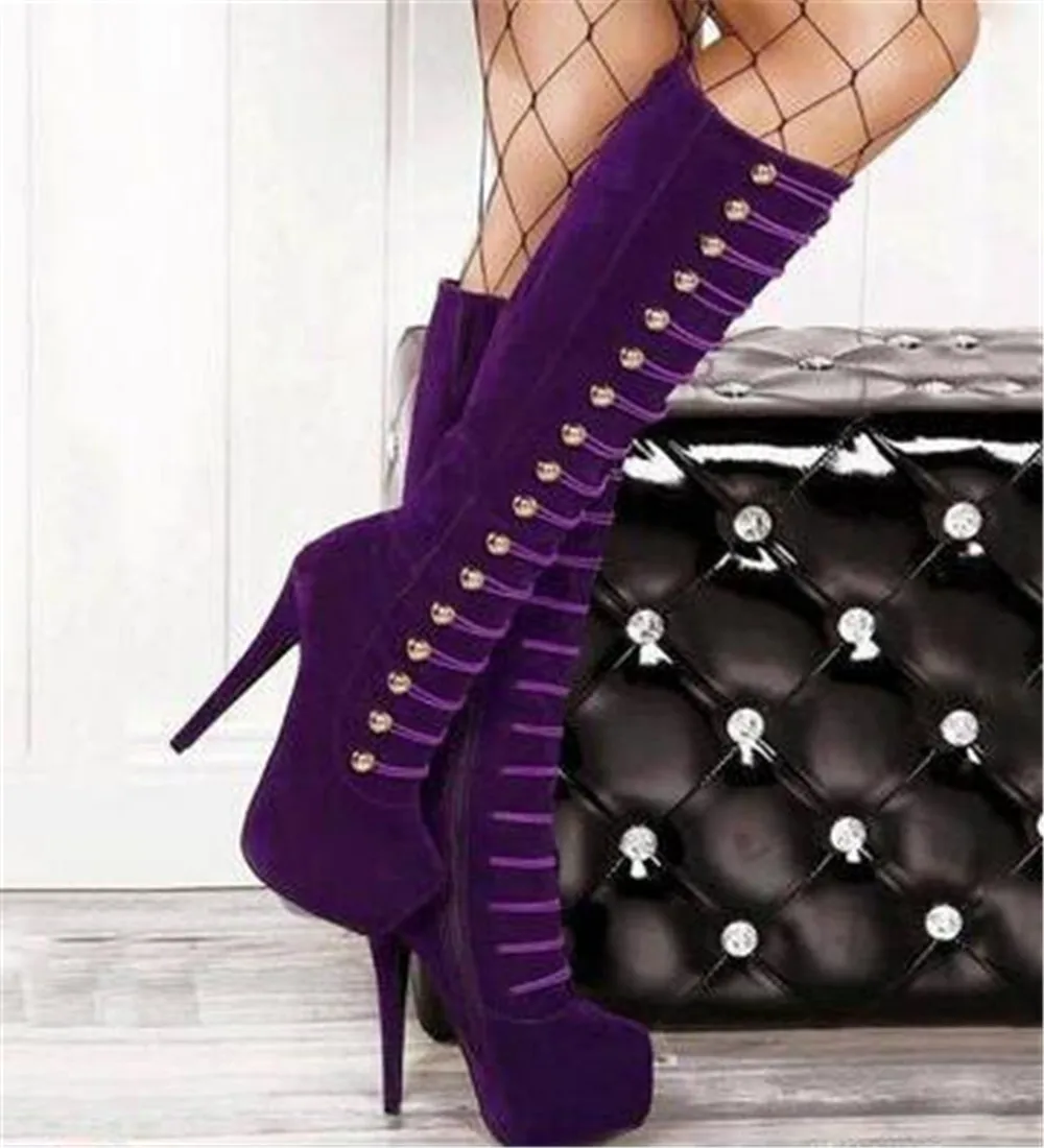 Элегантные красивые ботинки на высоком каблуке 16 см из фиолетовой замши с