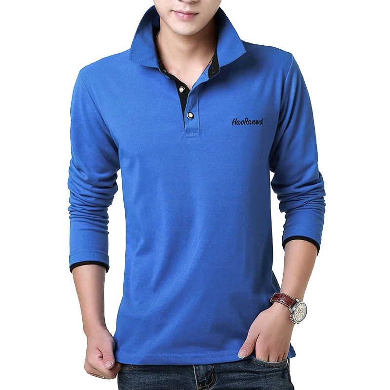 Мужская хлопковая рубашка-поло с длинным рукавом и вышивкой | одежда
