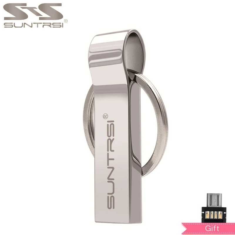 Металлическая usb-флешка Suntrsi 32 ГБ для компьютерная Флешка 64 Гб 16 Гб USB флешка металлическая цепочка для ключей 8 Гб высокоскоростная водонепроницаемая - Цвет: silver with adapter