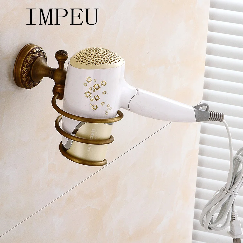 IMPEU Hair Dryer Holder, Bathroom Rack Shelf, Solid Brass, Antique Bronze Color, Traditional European Style, Designer Collection