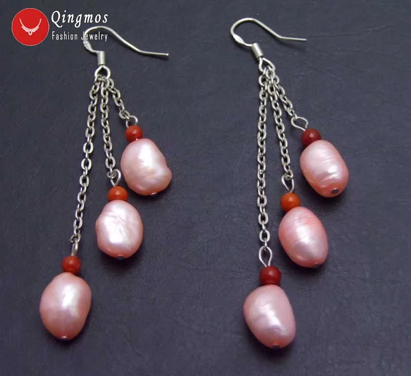 Qingmos 3 Pieces Natural Pearl Earrings for Women with 7-9mm Light Pink Baroque Freshwater Dangle 3&quot Jewelry e549 | Украшения и
