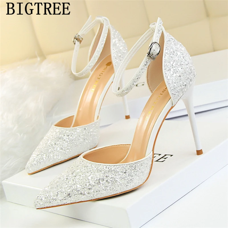 

New Arrival 2022 Mary Jane Shoes Glitter Heels Bigtree Shoes Women Pumps Stiletto Wedding Shoes Bride Red Heels Tacones Mujer