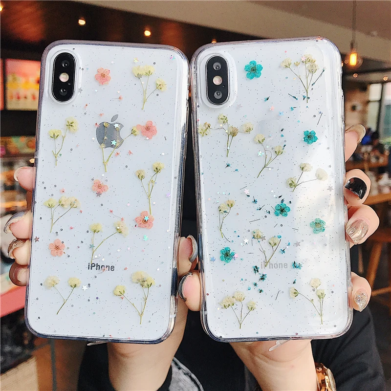 Real Flowers Transparent Soft TPU Phone Case For iPhone X XS XR Max 6 6S 7 8 Plus Dried Bling beautiful Back Cover | Мобильные