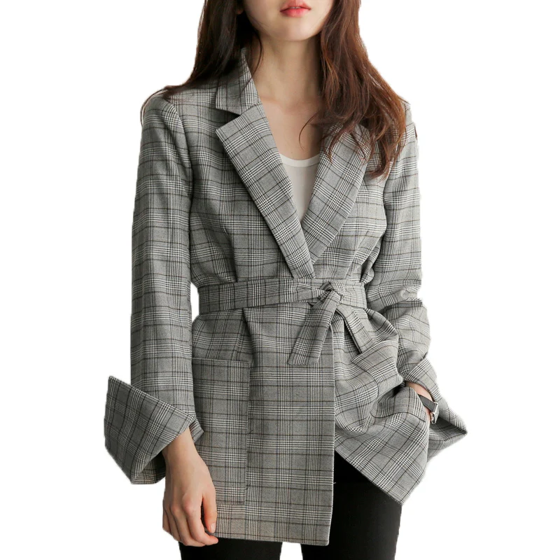 

Gray Plaid Blazer Women 2019 Bow Sashes Jacket Female Elegant Work Coat Feminina Suit Split Office Ladies Jackets Full New