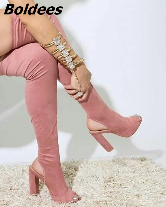 

Stylish Slingback Block Heels Thigh High Sandal Booties Simply Plain Pink Open Toe Chunky Heel Lace Up Boots FashionSummerSandal
