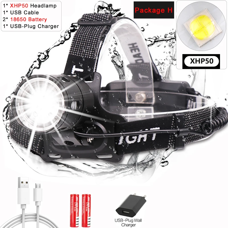 Package H XHP50 светодиодный фонарь мощный супер яркий V6 налобный фонарь USB Перезаряжаемый налобный фонарь Масштабируемая фара с батареей 18650 - Испускаемый цвет: Package H