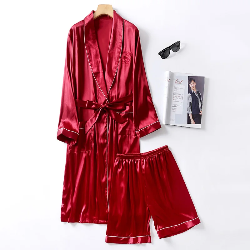robe shorts set 6 Двухкомпонентная шелковая ночная рубашка, атласная Мужская одежда для сна, свободный шелковистый халат с длинным рукавом и длинными штанами, банный халат для мужчин - Цвет: robe shorts set 6