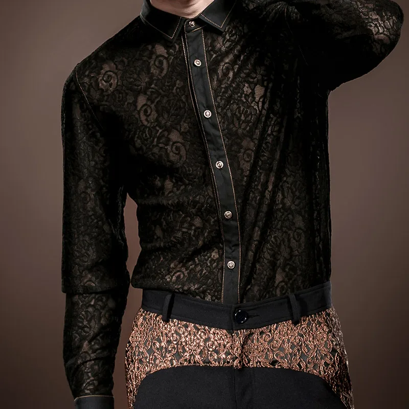 FANZHUAN Featured Brands Clothing Fall Long Sleeve Black Lace Shirt Men'S Wedding Banquet Nightclub Dress Perspective