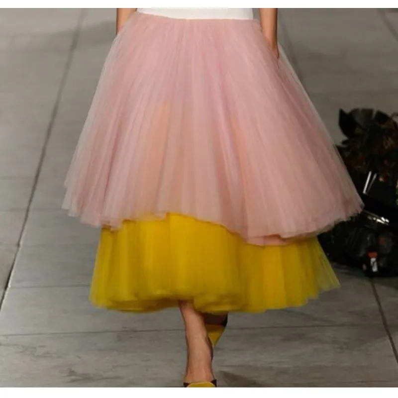 Шикарная пышная Тюлевая юбка 2017 розовая и желтая до щиколотки разных цветов s для