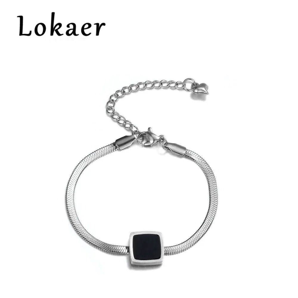 Lokaer, Классический квадратный черный корпус, цепочка и звенья, браслеты, ювелирные изделия, титановая сталь, браслеты с подвесками для женщин, B18001 - Окраска металла: Silver