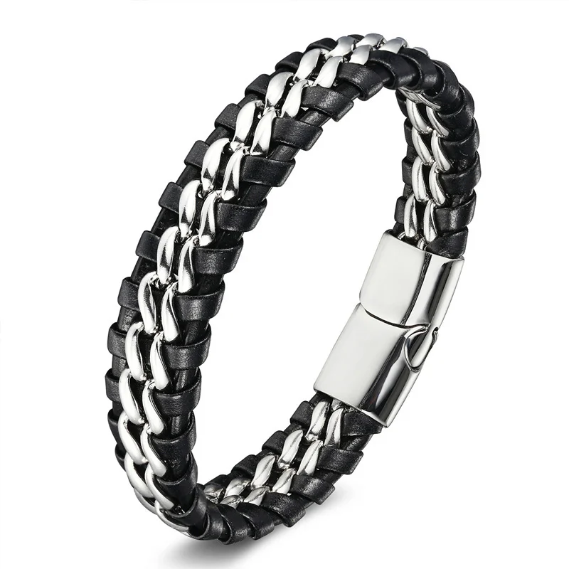Панк Черный Кожаный браслет для мужчин тканые ювелирные изделия из нержавеющей