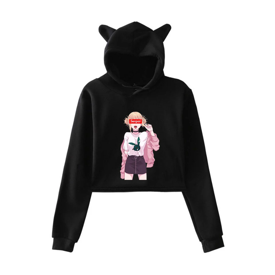 Женские укороченные толстовки Senpai 2D с котом пуловер капюшоном и длинным рукавом