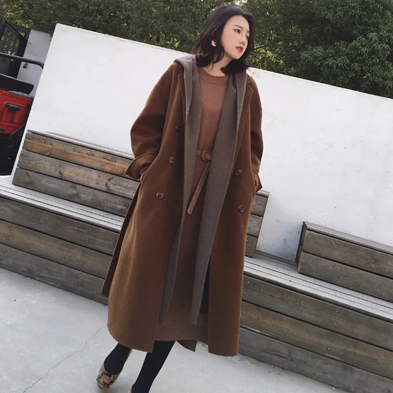 Женское пальто двухсторонняя шерстяная куртка с карманами и шнуровкой длинная