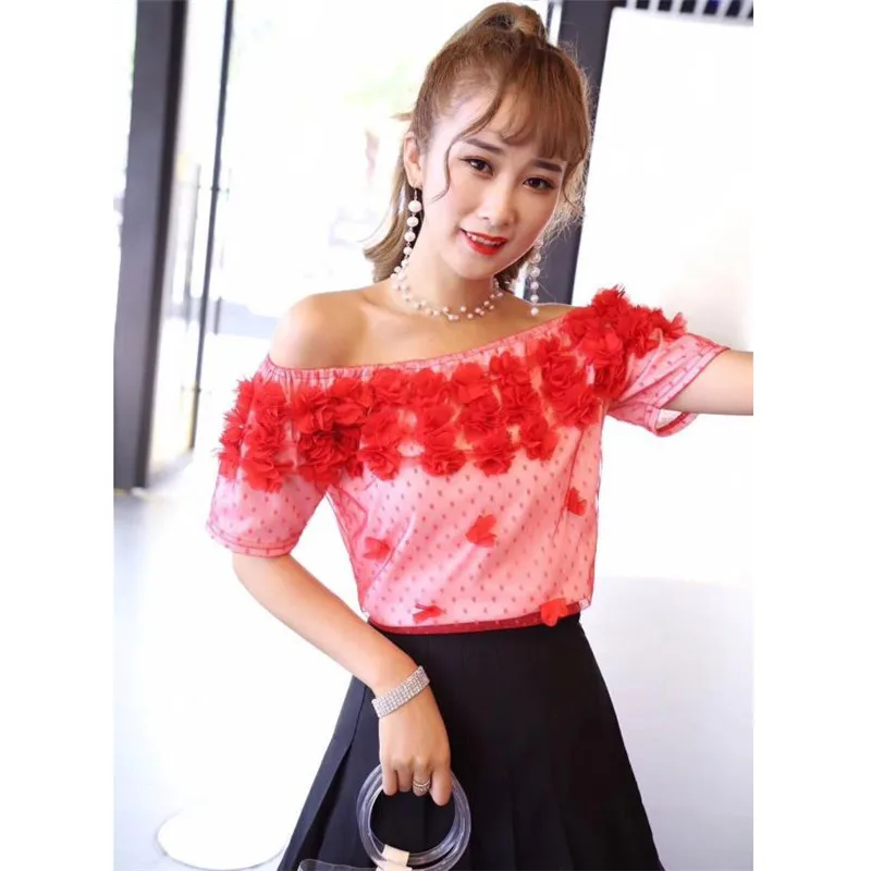 

2019 Summer Women Short Sleeve Mesh Blouse Sweet Dot Floral Lace Shirt Female Slim Slash Neck Blouses Blusas Short Tops AB1406