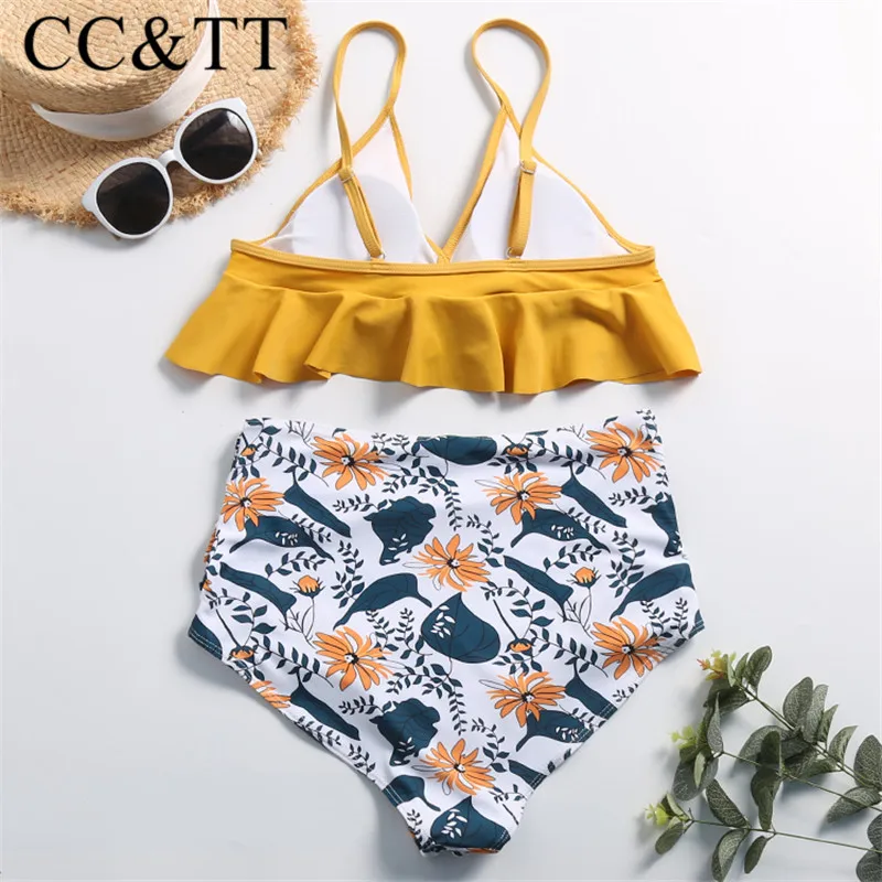 CC & TT женский купальник из двух частей с высокой талией и оборками комплект бикини