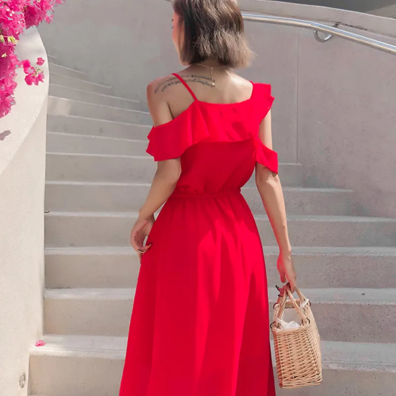 Summe Women Dress 2019 Sexy Bodycon Elegant Boho Maxi Vintage off shoulder v neck beach Casual Club party night Long Red | Женская