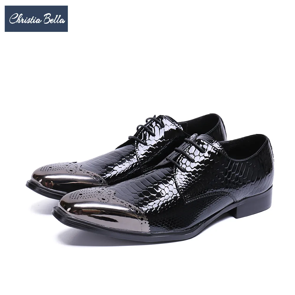 

Christia Bella British Style Bullock Carved Men Oxford Shoes Square Toe Real Leather Men Dress Shoes Black Business Brogue Shoes