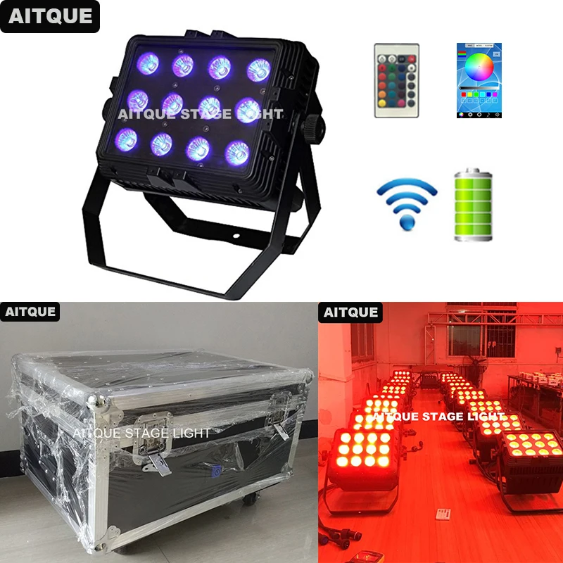

8pcs Stage lights rechargeable light ip65 outdoor rgbwa uv 12x18w spotlight dmx wireless battery powered led uplights flycase