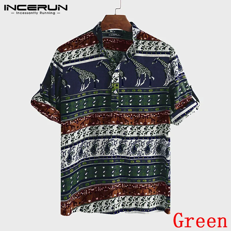 Green Shirt INCERUN повседневная мужская рубашка с принтом, короткий рукав, стоячий воротник, этнический стиль, блузка, пляжные богемные Гавайские рубашки, Мужская сорочка 5XL - Цвет: Green Shirt