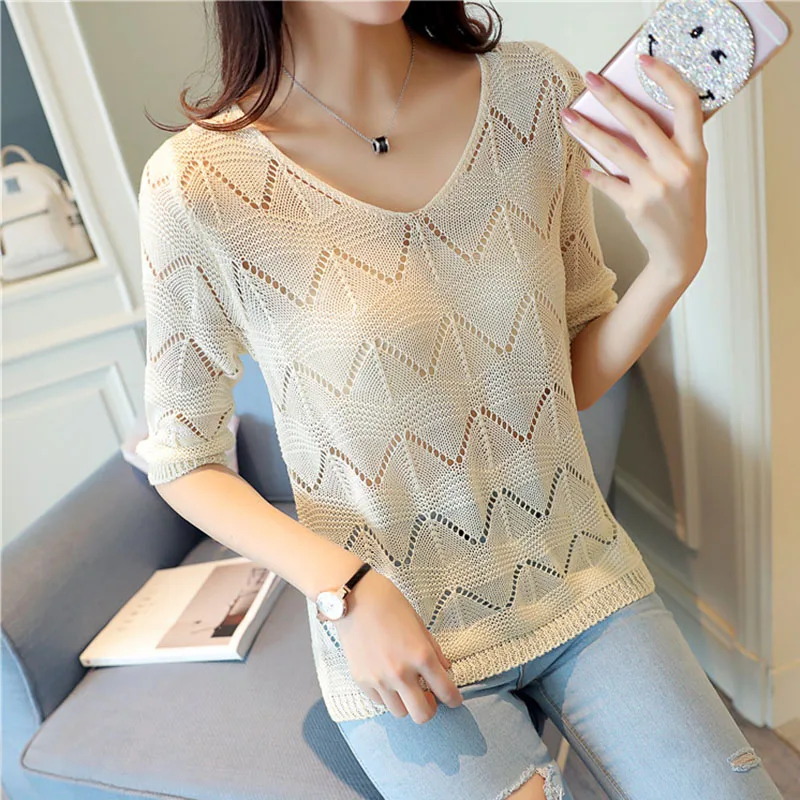 2019 Fashion Knitte Hollow Out Pullover Girls Summer Cool Ladies Pull Sweater Female Half Sleeve Jumper V-Neck Pullovers Tops | Женская