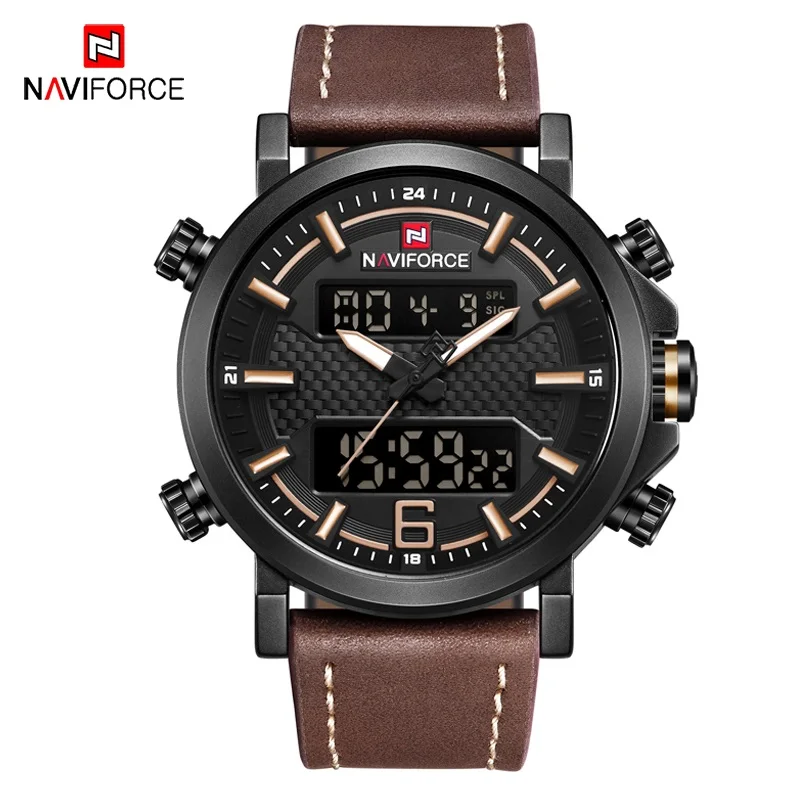 NAVIFORCE модные Для Мужчин's цифровые и аналоговые часы Для мужчин Элитный бренд Водонепроницаемый светодиодный кварцевые спортивные часы, армейские часы Relogio Masculino - Цвет: Brown Yellow