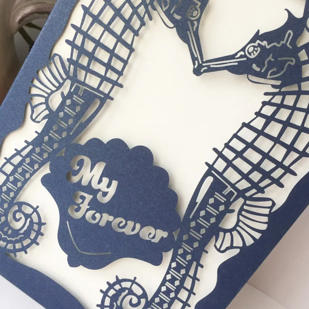 

30pcs/lot Elegant Blue Love Forever Hippocam Laser Cut Wedding Invitations Card Wedding Envelopes Event Party Wedding Decoration
