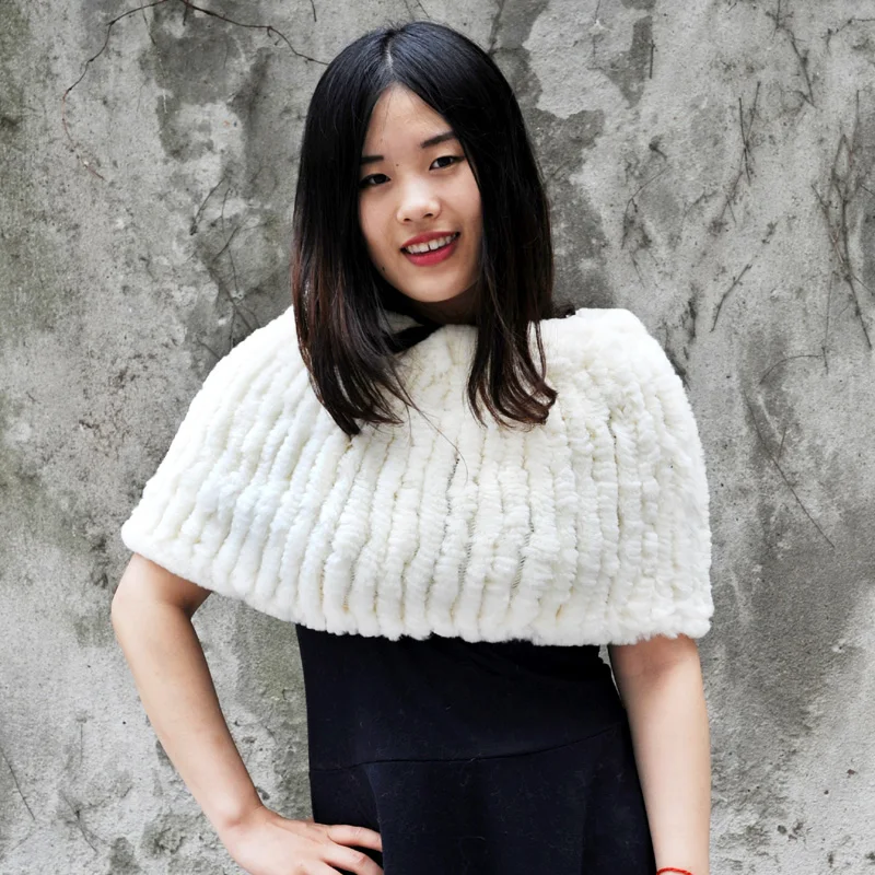 CX-B-44D Wholesale Price Rex Rabbit fur Knitted Scarf Girls Winter Fur Tank Shawl | Wraps