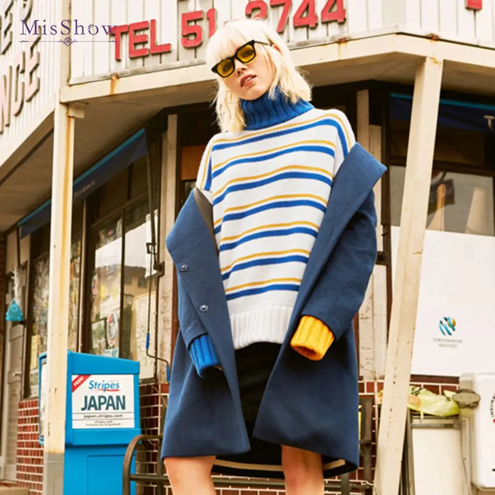 Модный корейский свитер в полоску с высоким воротом зимний Свободный пуловер