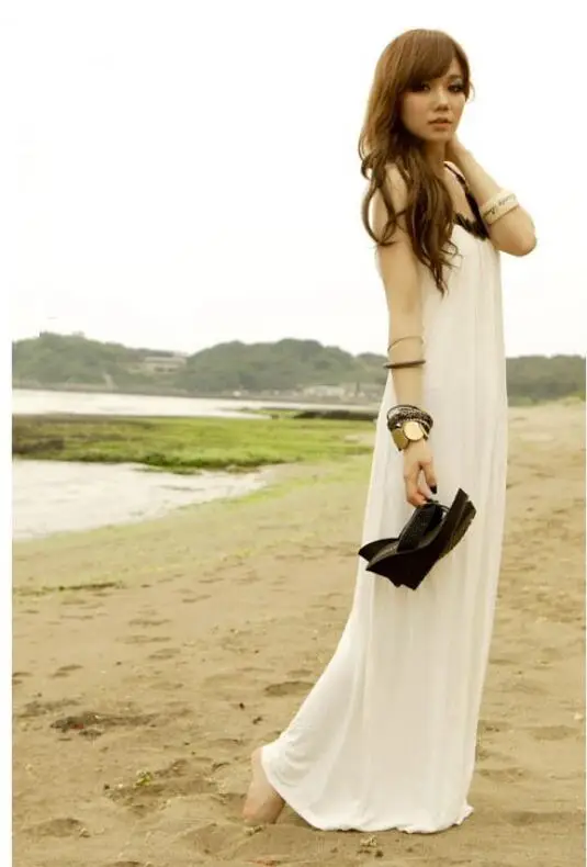 JOYINPARTY 2017 Women fashion casual long bohemian dresses Sexy cotton wood beading halter maxi beach dress White Green Black | Женская