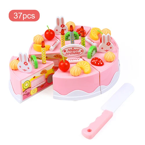 37 pcs Pink Торт ко дню рождения фрукты игрушка Кухня детские игры DIY сделай сам Еда Пластик модель для детей девочек сортер раннее обучение образования классические игрушки из россии 75 шт - Цвет: 37 pcs Pink