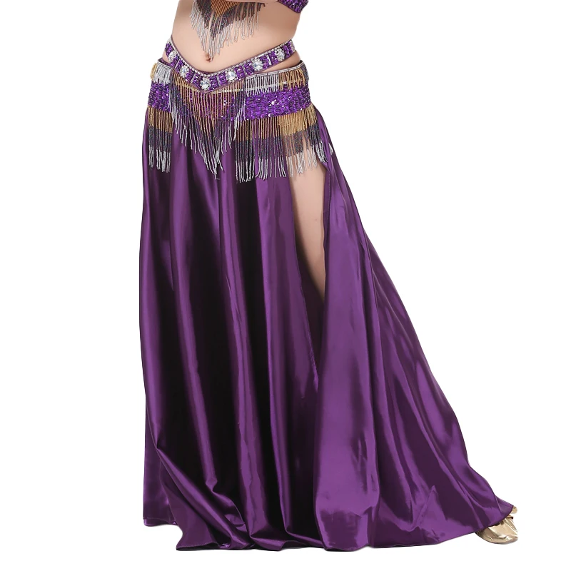 Purple Женская юбка для танца живота, длина до пола, двойной разрез, атласная юбка для танца живота, 12 цветов, юбка для танца живота, сценическая юбка(без пояса - Цвет: Purple