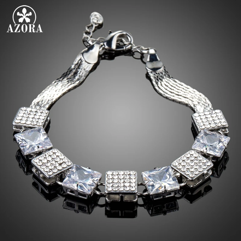 AZORA Pave Clear Austrian Rhinestone Chain Link Bracelets for Women Geometric Cubic Zirconia Wedding Bracelet &amp Bangles TS0169 |