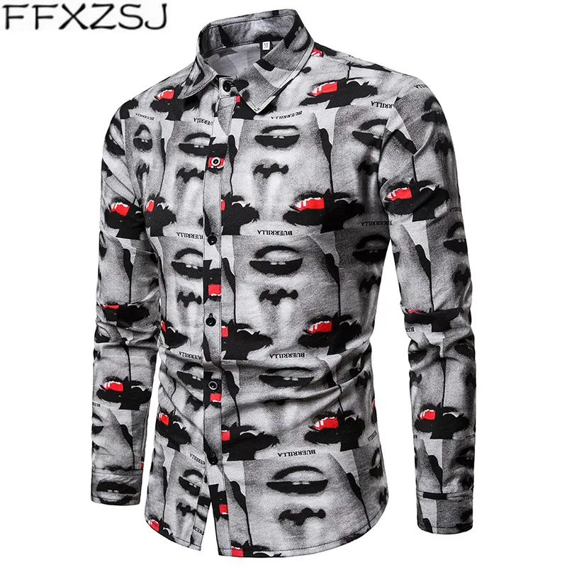 

FFXZSJ Brand clothing 2019 new style long sleeve men shirts 3D printing face blouse hip hop tops letter man nightclub shirts
