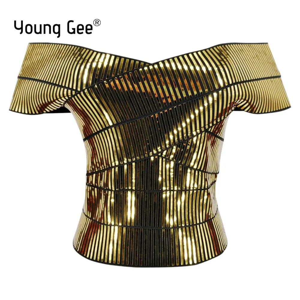 

Женский короткий топ Young Gee, золотистый/серебристый Топ с открытыми плечами и коротким рукавом