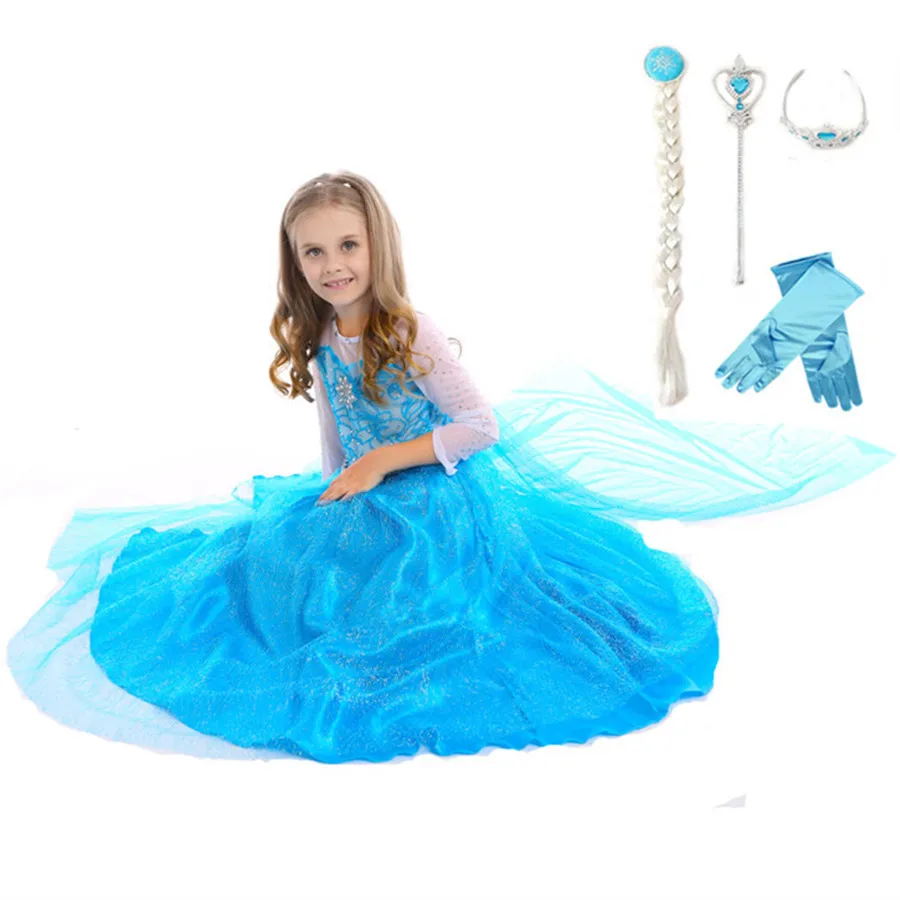 

3-8T Elsa Queen Blue Dress with Cloak Crown Magic Wand Glove Braid Christmas Cosplay Clothes Baby Girls Party Princess Dress