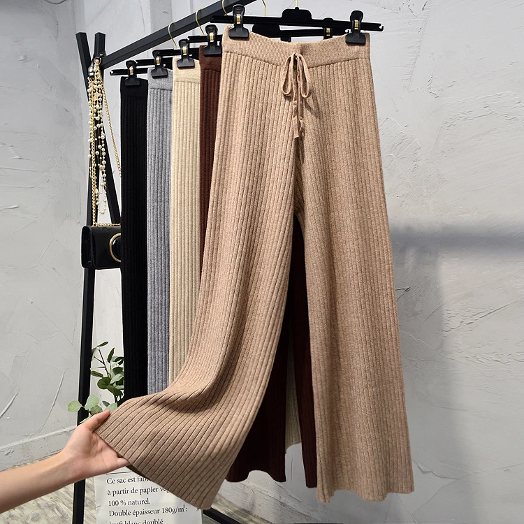 Женские свободные брюки с высокой талией тонкие вязаные широкие в Корейском