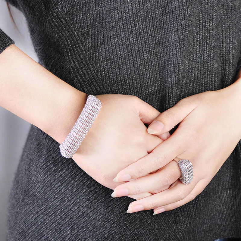 

MECHOSEN Punk European Style Gold Color Big Bangle Ring Sets Cubic Zirconia Women Lady Pulseira Aneis Feminino Hand Jewelry Sets